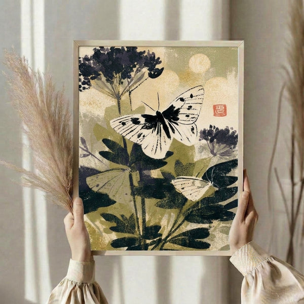 Vintage-inspired Japanese art print with elegant butterflies and botanical motifs in soft gold and ochre hues, displayed as framed wall décor.