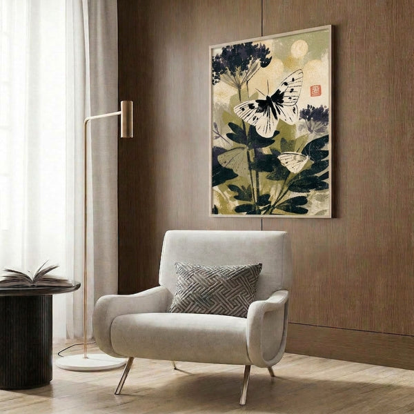 Traditional Japanese botanical poster art showing graceful butterflies with flowering plants in muted cream and deep green palette, framed for interior display.