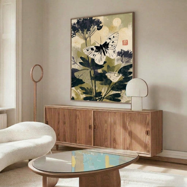 Elegant Japanese-inspired woodblock print of naturalistic butterflies and foliage in palette of pale gold, olive, and navy, presented as framed wall art.