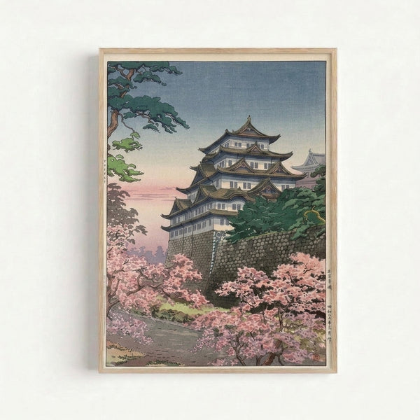 Framed vintage woodblock art print depicting a contemplative springtime landscape with an ornate castle, blooming cherry trees, and stone walls in delicate blues and pinks.