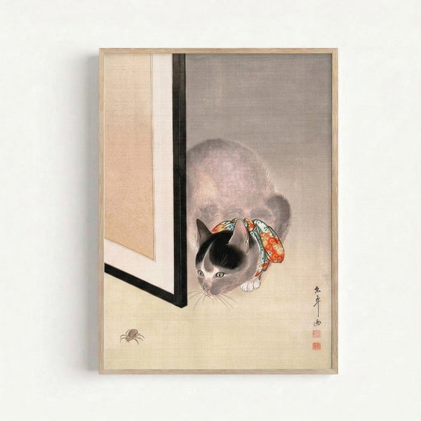 Framed art print of a seated cat wearing a decorative ribbon in the style of traditional Japanese woodblock prints, with soft cream and grey palette accented by warm red-orange and cool turquoise hues.