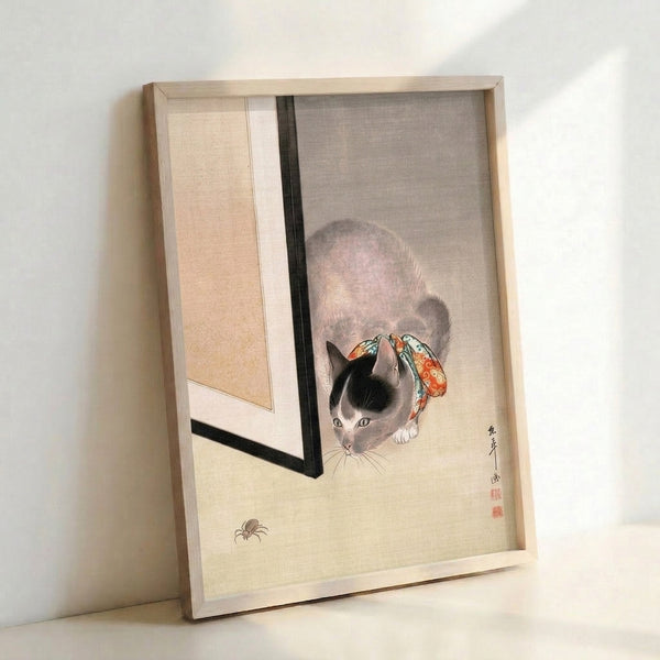 Contemplative cat illustration inspired by Japanese woodblock techniques, showing the feline with an elegant ribbon in muted cream, grey, and black with subtle red-orange and turquoise accents.
