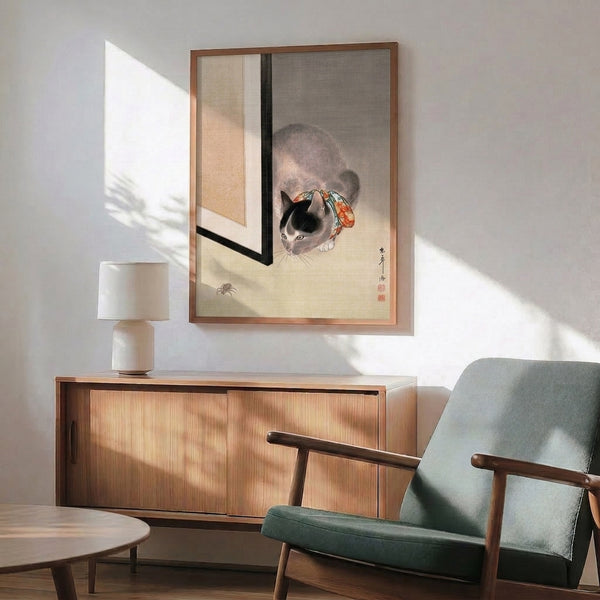Elegant cat portrait with flowing ribbon in Japanese woodblock style poster art, featuring a serene composition in cream, grey, and black with red-orange and turquoise accent colors.