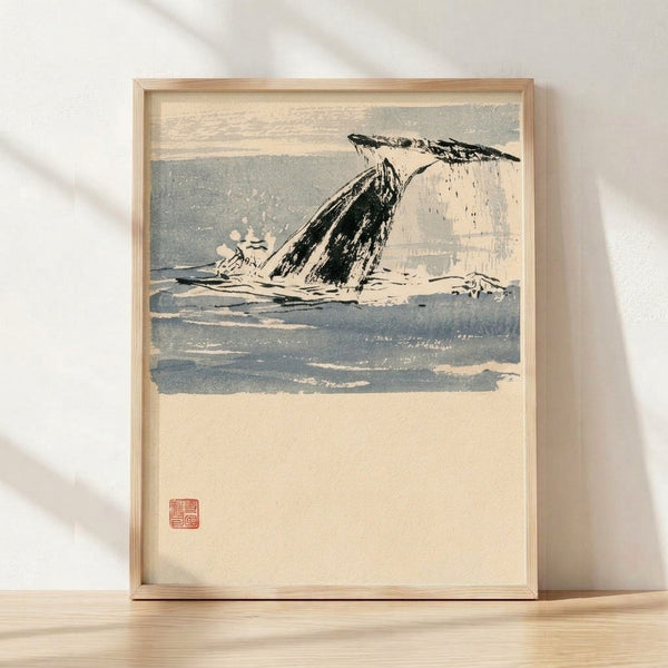 Minimalist sumi-e ink wash painting of a whale tail emerging from blue-gray water beside a rocky formation, rendered in black and cream tones with serene Japanese aesthetic.