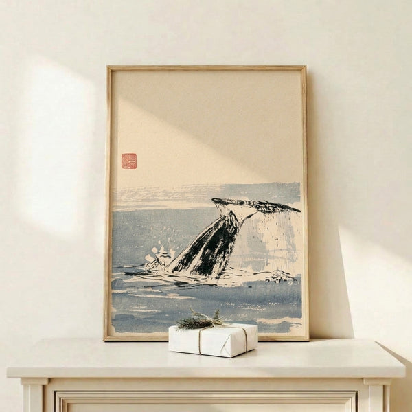 Japanese woodblock-inspired artwork depicting a whale tail in monochromatic ink wash with soft blue-gray water and dark rock, evoking timeless zen contemplation.