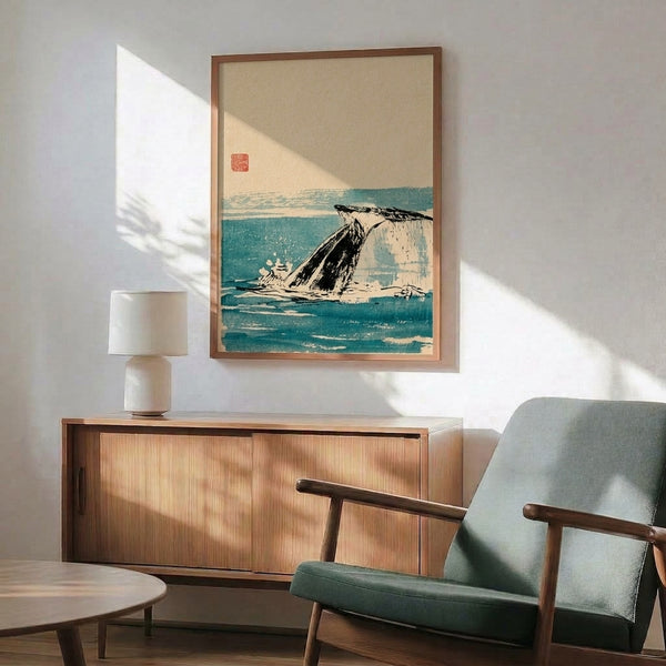 Contemplative wabi-sabi ink painting of a whale tail and stone in cream, black, and blue-gray, displayed as framed art print in minimalist Japanese aesthetic.