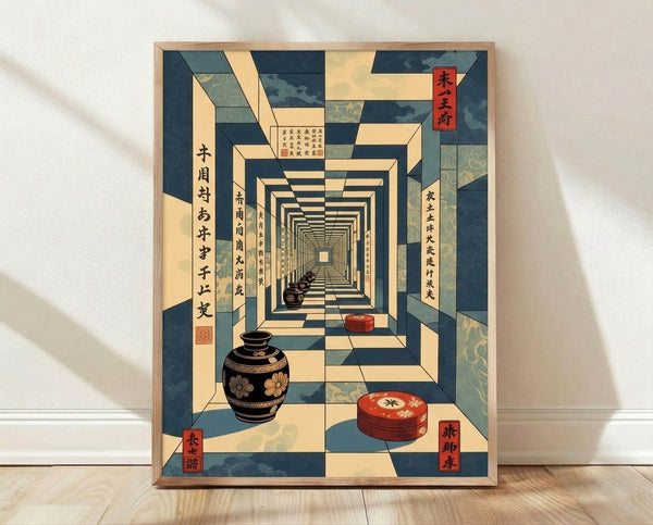Japanese woodblock-style framed poster depicting a meditative corridor interior with ceramic vessels and pottery arranged in architectural perspective, rendered in cream, dark teal, gold, and red lacquer tones.
