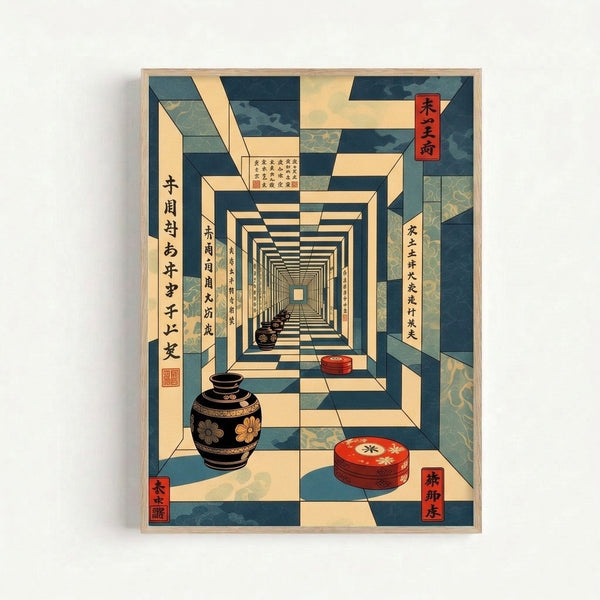 Zen-inspired art print showing a serene Japanese corridor with ceramic pots and boxes in muted cream and teal hues accented by gold and red lacquer details in woodblock aesthetic.