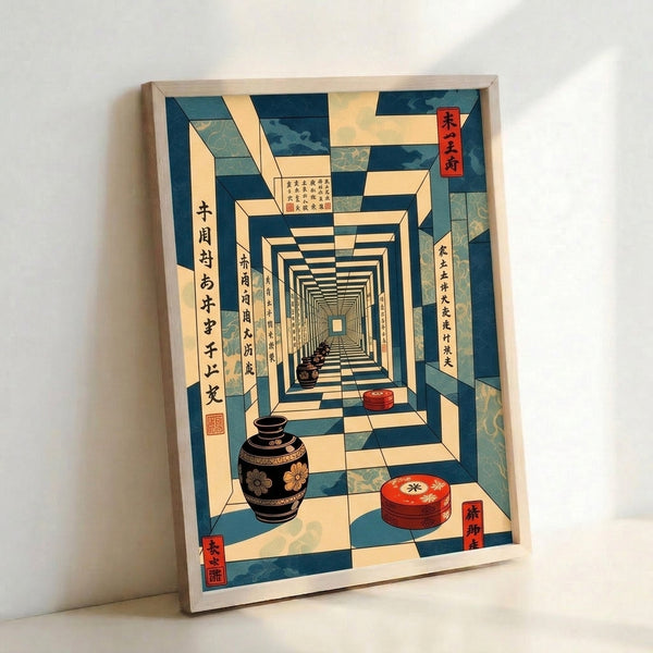 Framed modern woodblock print of a peaceful interior corridor lined with traditional Japanese ceramics and vessels, featuring a calming palette of cream, dark teal, and warm gold accents.