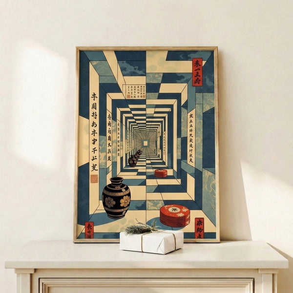 Japanese Showa-period style poster art displaying an architectural view of a contemplative corridor space with ceramic pottery rendered in cream, teal, black, and lacquered red tones.