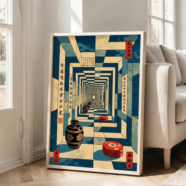 Meditative Japanese woodblock-inspired print showing ceramic vessels and boxes arranged in a receding corridor perspective, composed in soothing cream, teal, gold, and red lacquer colors.