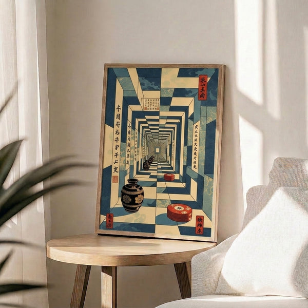 Zen corridor art print in Japanese woodblock style featuring ceramic pots and architectural interior space with a sophisticated palette of cream, dark teal, black, and red lacquer highlights.