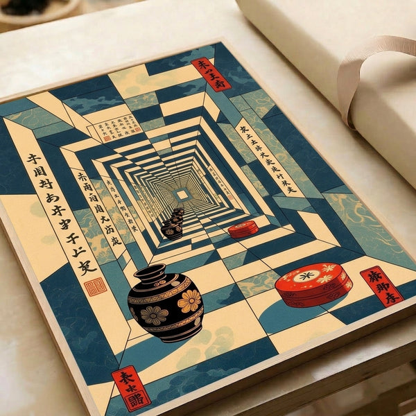 Framed Japanese cultural artwork depicting a serene interior passage with ceramic pottery and vessels in modernist woodblock composition, accented with cream, gold, teal, and red lacquer tones.