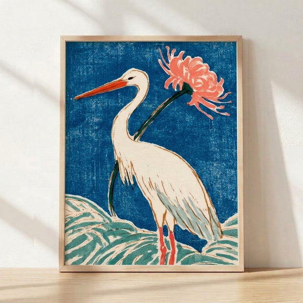Japanese woodblock art print featuring a graceful crane beside blooming red spider lilies, rendered in prussian blue, cream, and coral tones with elegant vintage ukiyo-e styling.