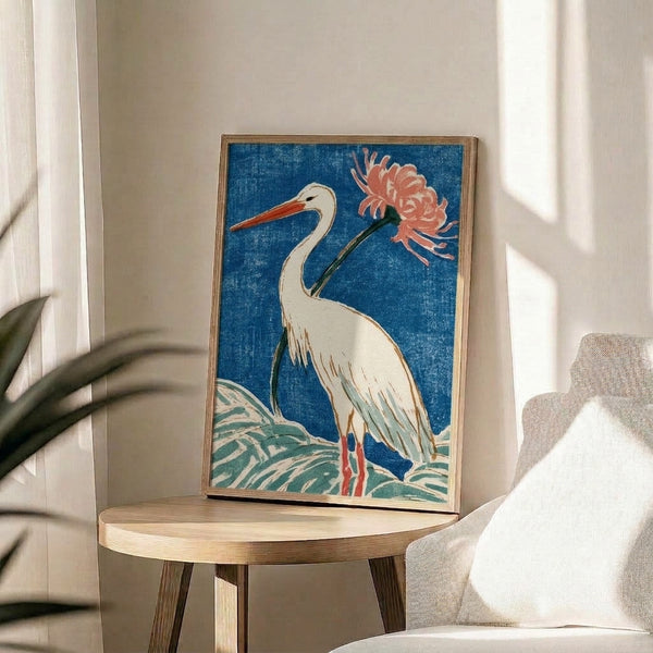 Serene ukiyo-e-inspired poster of a crane and vibrant red spider lily flowers in muted blues, greens, and warm earth tones, displayed as framed wall art.