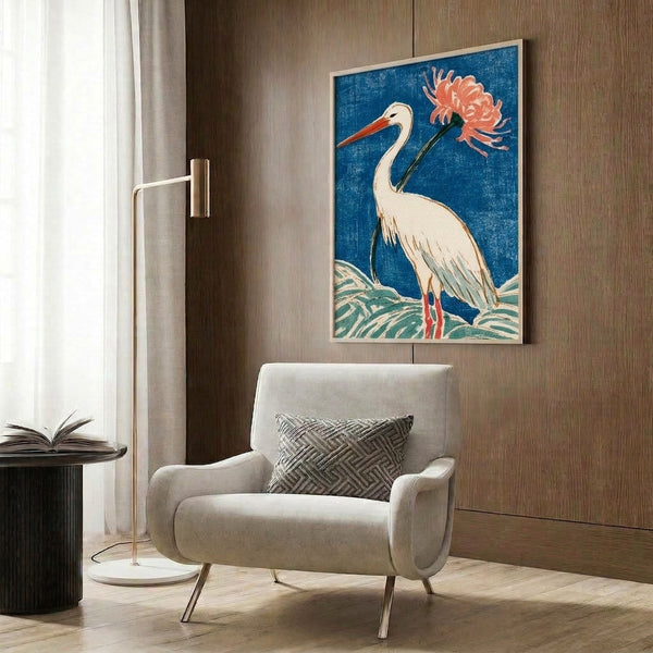 Vintage Japanese woodblock print depicting a poised crane amid delicate red spider lilies, composed in prussian blue, sage green, and coral hues with timeless elegance.