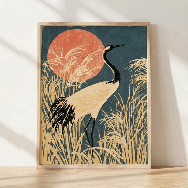 Serene Japanese woodblock-style framed poster featuring a graceful crane among reeds at sunset, rendered in teal, coral-red, and cream tones with elegant black linework and gold accents.
