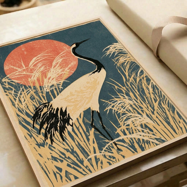 Elegant framed poster depicting a solitary crane wading through reeds at dusk, combining Japanese aesthetic with serene mood through palette of teal, coral-red, cream, and black.