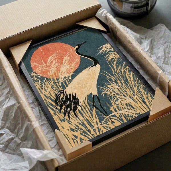Contemplative Japanese crane artwork in woodblock tradition, showing the bird among reeds with a warm sunset sky, featuring sophisticated teal, cream, coral-red, and gold-tan color harmony.