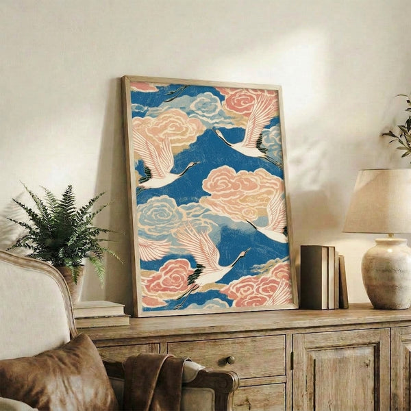 Serene Asian art print depicting a soaring crane with swirling clouds in a classic woodblock style, featuring a calming palette of indigo, gold, and soft pastels.