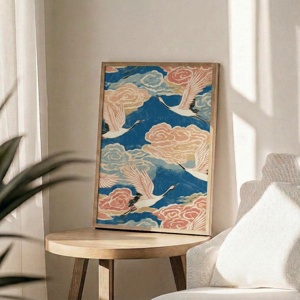 Traditional Japanese woodblock artwork showcasing an elegant crane ascending through stylized clouds in rich blues and warm cream hues, evoking peaceful, auspicious themes.