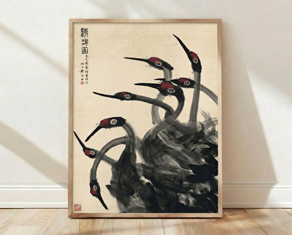 Serene Japanese ink wash painting of a crane with delicate feathering rendered in charcoal gray and black on cream background, framed as wall art.