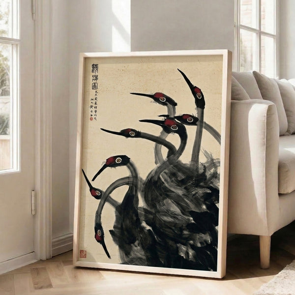 Japanese-inspired crane wall art in soft naturalistic style, with detailed feather work in black and gray against a warm ivory backdrop.