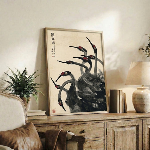 Tranquil bird art print showcasing a standing crane in traditional Japanese painting manner, using restrained palette of cream, charcoal, and burgundy accents.