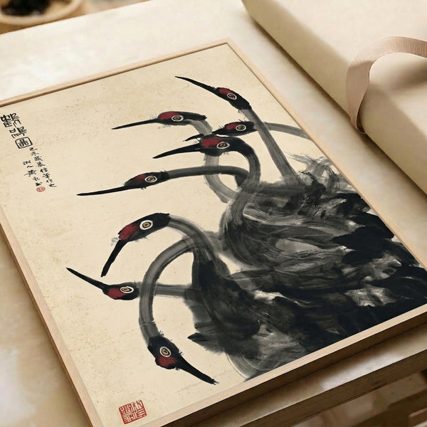 Contemplative Showa-era inspired crane artwork, capturing the bird in elegant ink wash tones of black and gray with subtle burgundy highlights on cream.