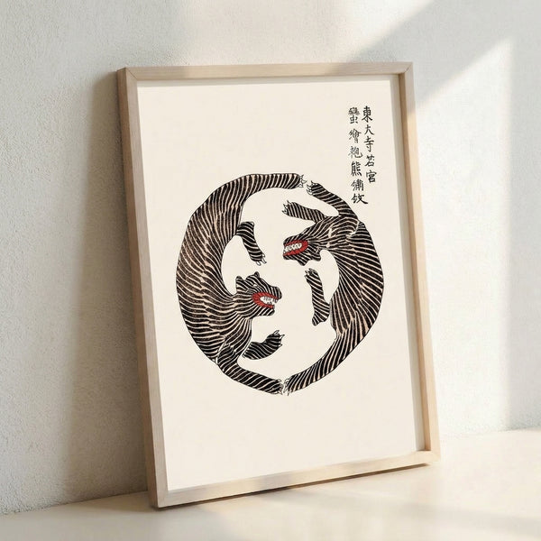 Mystical Asian-inspired poster art displaying a tiger and bear in flowing ink-line style, centered within a striking red enso circle against a cream ground, blending dragon-like elegance with bold graphic design.