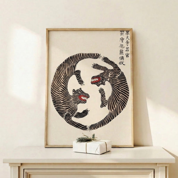 Framed wall art print showcasing a dynamic tiger and bear illustration executed in delicate black line work within a red circular enso brushstroke, rendered in the spirit of classical Japanese woodblock aesthetics on cream background.