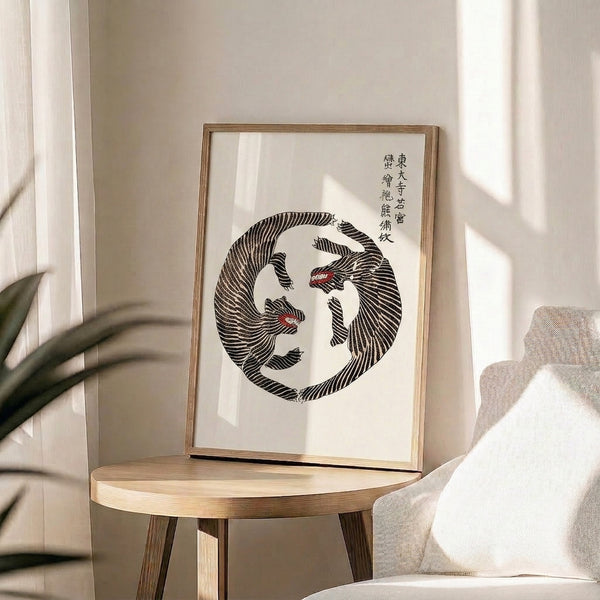 Striking enso circle art print framing a black-line tiger and bear composition with red accents on tan-cream background, capturing the dynamic energy and cultural heritage of Japanese woodblock traditions.