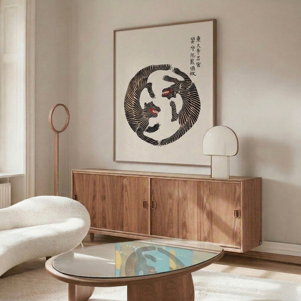 Elegant framed line-art poster of a tiger and bear in flowing ink-brush style, enclosed by a bold red enso circle on cream, embodying the mystical balance and sophistication of Asian artistic heritage.