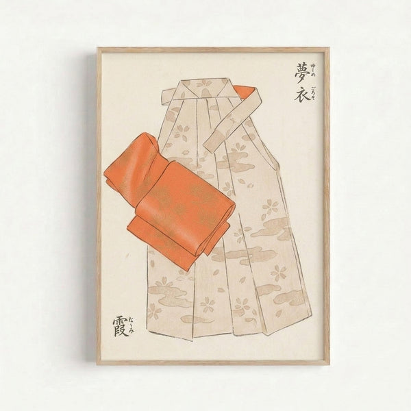 Serene kimono textile illustration in japandi style with minimalist linework, rendered in warm beige and soft orange hues on a cream background.