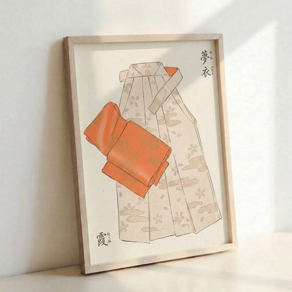 Contemplative line art poster of a traditional kimono and obi displayed as framed wall art, capturing delicate fabric folds in warm neutral tones.