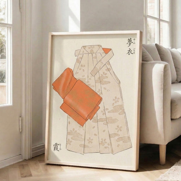 Zen-inspired kimono art print with flowing Japanese woodblock aesthetics, featuring elegant garment details in cream, tan, and muted orange.