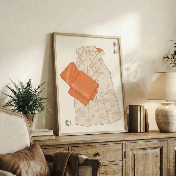 Minimalist framed kimono illustration in japandi style with refined line work, showcasing traditional fabric draping in soft beige and warm orange tones.