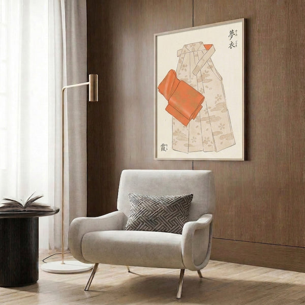 Japanese textile-inspired wall art print with serene kimono imagery rendered in elegant line style, palette of cream, orange, and warm tan.