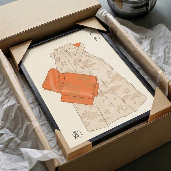 Framed contemplative kimono and obi line art in Japanese woodblock tradition, featuring delicate linework and warm neutral color palette of cream and soft orange tones.