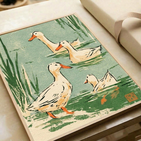 Peaceful waterfowl composition in vintage Japanese artistic style, depicting ducks among reeds with soft sage green, cream, and orange tones creating a serene, naturalistic wall art display.
