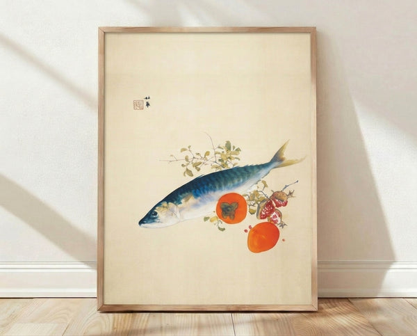 Framed Japanese woodblock-style poster featuring a mackerel and persimmons with sage green plants and coral berries on cream background, serene and meditative artwork.