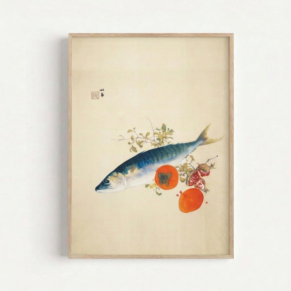 Minimalist art print showing indigo blue mackerel alongside orange persimmons and foliage in soft naturalistic tones, inspired by traditional Japanese aesthetics.