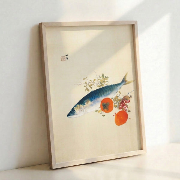 Zen wall art depicting a fish and fruit composition in muted cream, indigo, and coral hues with delicate plant elements, framed in serene Japanese style.