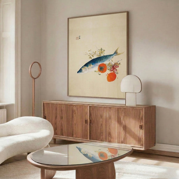 Serene Japanese woodblock-style print featuring mackerel, persimmons, and berries in soft cream, indigo blue, and sage tones, naturalistic and contemplative.