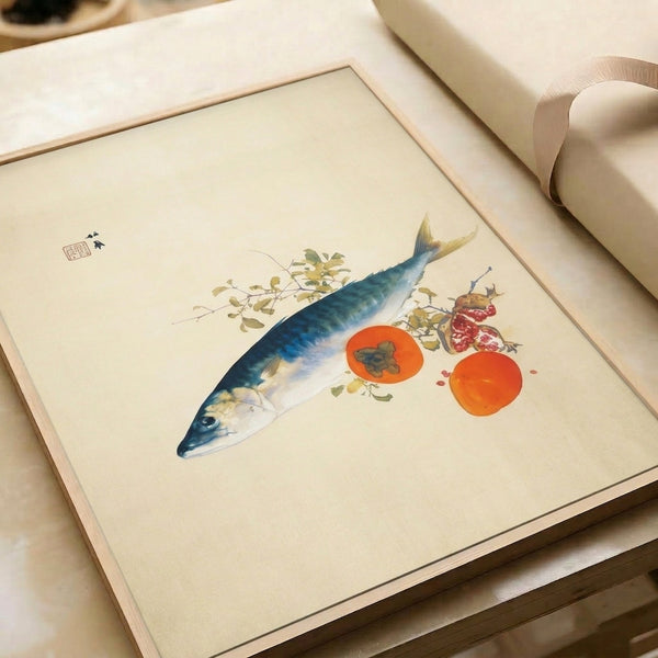 Minimalist wall art blending indigo fish, coral fruit, and cream background with green botanical elements in meditative Japanese aesthetic.