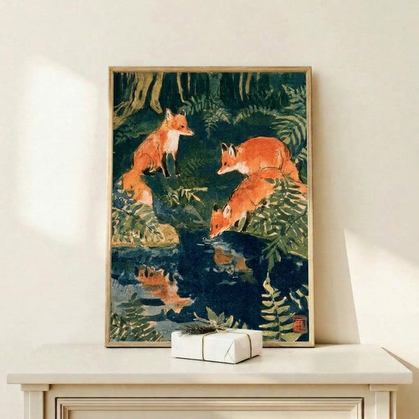 Japandi art print showing foxes in a naturalistic woodland setting with pale gold accents and cream background, rendered in traditional woodblock style with peaceful, meditative atmosphere.