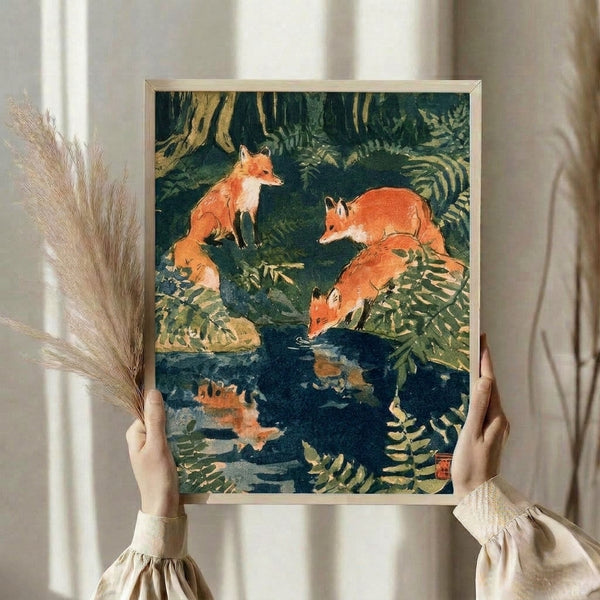 Folk art poster featuring foxes at a forest stream in muted rust orange, forest green, and teal hues, displaying the contemplative simplicity characteristic of Japanese ink wash techniques.