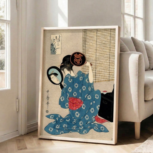 Japanese woodblock poster depicting domestic beauty ritual: a geisha gazes thoughtfully into her mirror, the composition rendered in elegant cream, deep blue, and subtle red accents.