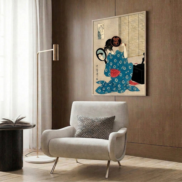 Showa-period woodblock art print showing a contemplative geisha before her mirror in graceful kimono, the scene alive with the refined palette of cream, pale blue, deep indigo, and striking black lines.