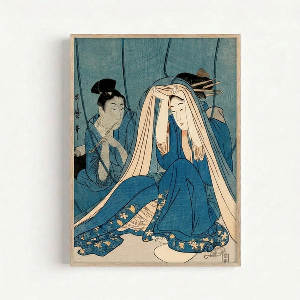 Elegant ukiyo-e style artwork of a contemplative geisha in traditional kimono examining her reflection, featuring a refined palette of pale tones and deep teal.